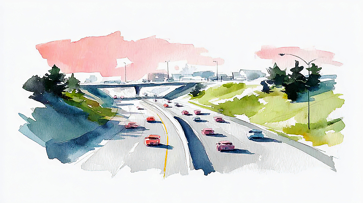 자연요소 건축물 도로 길 육상교통 컨셉 교통시설 생태계 파일형식 AI콘텐츠 고속도로 자동차 이동 풍경 언덕 건물 주간 교통 속도 여행 사람 자연 거리 신호등 도시 JPG AI일러스트 일러스트 수채화