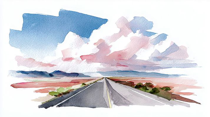 길 육상교통 교통시설 자연 노을 운전 그림 생태계 파일형식 AI콘텐츠 도로 평야 하늘 산 풍경 여행 일출 일몰 자동차 마을 먼지 수채화 거리 풍경화 탐험 드라이브 JPG AI일러스트 일러스트