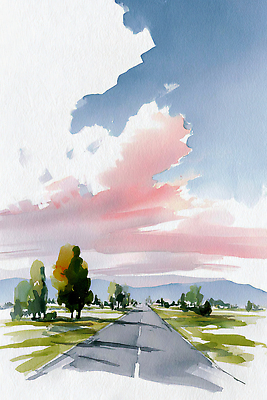 자연요소 식물 길 컬러 교통시설 자연 노을 미술도구 야간 생태계 파일형식 AI콘텐츠 도로 하늘 나무 풍경 저녁 일몰 수채화 평야 산 파란색 분홍색 그림 물감 JPG AI일러스트 일러스트