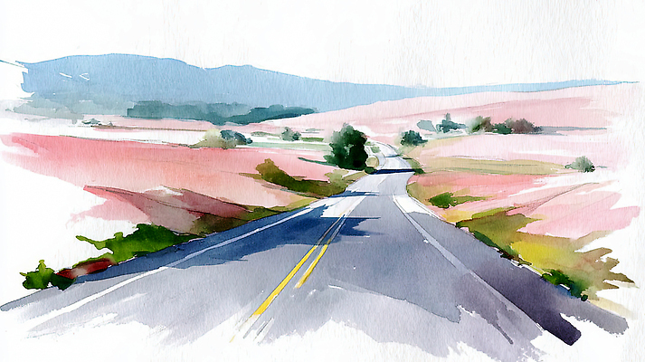 자연요소 식물 길 컬러 컨셉 교통시설 날씨 바이크 생태계 파일형식 AI콘텐츠 도로 자전거 풍경 초원 여행 바람 꽃 산 하늘 자연 초록색 이동 사람 JPG AI일러스트 일러스트 수채화