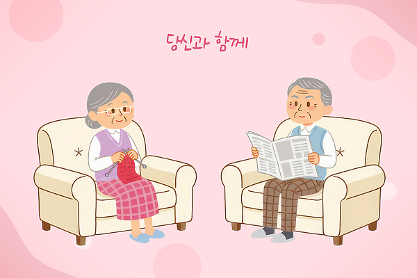 부부 여자 노년 남자 감정 가구 의자 관계 말하기 성인 취미 간행물 뉴스 손주 파일형식 할머니 할아버지 소파 뜨개질 신문 대화 시간 가족 방 행복 일과 커플 손자 따뜻함 생활 대면 동반 일러스트 국내일러스트 PSD 노부부