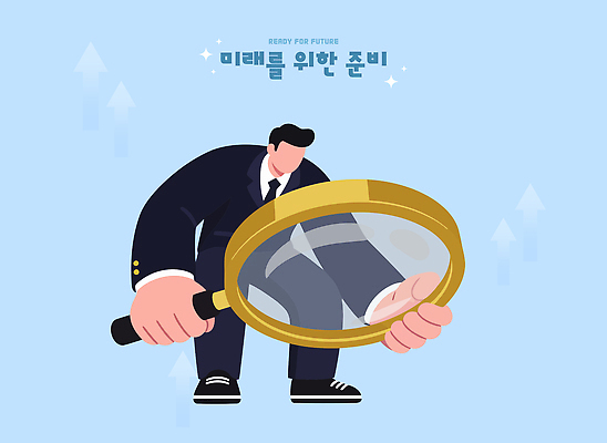 옷 컬러 컨셉 모션 사람 신체부위 파일형식 벡터 남자 확대경 미래 준비 정장 파란색 관찰 백그라운드 화살표 손 집중 발견 목표 검사_조사 비즈니스 실험 일러스트 국내일러스트 AI파일