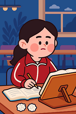 교육 무기 가구 컨셉 문구용품 학용품 사람 건물 필기구 구직 파일형식 벡터 학생 학습 책상 공책 연필 기록 주택 조명 창 의자 탁자 방 집중 시간 오후 글짓기 모션 어린이 일러스트 국내일러스트 AI파일 취업준비생