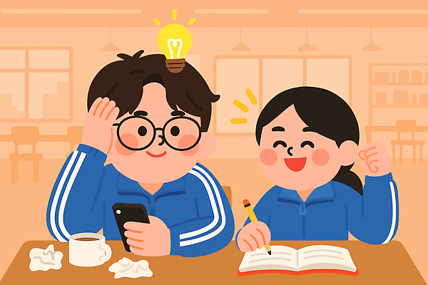 교육 감정 음료 컨셉 관계 문구용품 학용품 표정 말하기 핸드폰 스마트기기 필기구 상점 구직 야간 파일형식 벡터 학생 학습 카페 아이디어 협력 스마트폰 웃음 책 연필 카페테리아 대화 친구 모션 저녁 시간 공책 종이 커피 즐거움 일러스트 국내일러스트 AI파일 취업준비생