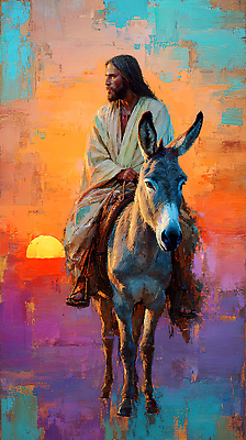 JPG 종교 문화 예술 컬러 여행 백그라운드 일러스트 자연 하늘 고대문명 풍경 태양 예수 승마 저녁 묘사 그림 조용 당나귀 국내일러스트 AI일러스트 AI콘텐츠 자연요소 스포츠 말_동물 신_종교 야간 생태계 파일형식