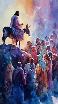 JPG 종교 문화 일러스트 사람 여러명 믿음 성경 모임 예수 가르침 역사 군중 그림 장면 동산 당나귀 교훈 국내일러스트 AI일러스트 AI콘텐츠 교육 감정 다수 종교용품 말_동물 신_종교 파일형식