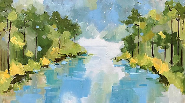 JPG 나무 컬러 일러스트 자연 하늘 야외 물 여름 강 반사 맑음 숲속 숲 그림 조경 뷰티풀 청명 경관 차분 국내일러스트 AI일러스트 AI콘텐츠 자연요소 식물 계절 컨셉 날씨 풍경 생태계 파일형식