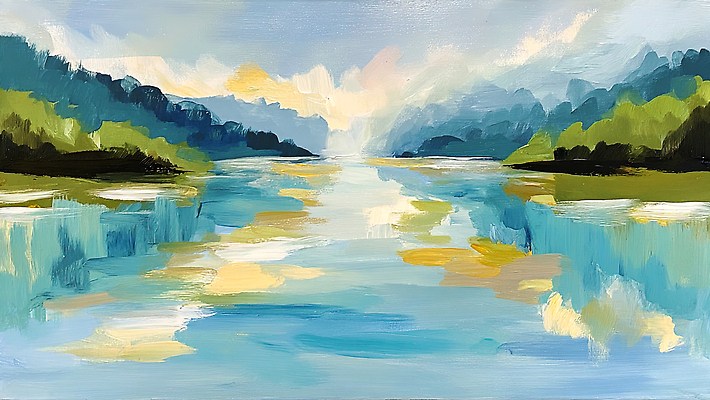 JPG 식물 예술 컬러 백그라운드 일러스트 자연 하늘 산 풍경 초원 물 강 반사 평화 흐름 시원함 그림 조화 차분 국내일러스트 AI일러스트 AI콘텐츠 자연요소 컨셉 생태계 파일형식