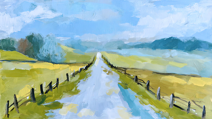 JPG 도로 길 여행 하늘색 일러스트 자동차 자연 하늘 수채화 산 풍경 초원 초록색 울타리 햇빛 원근감 농촌 평지 국내일러스트 AI일러스트 AI콘텐츠 육상교통 뷰포인트 컬러 교통시설 파란색 담장 태양 시골 땅 생태계 파일형식