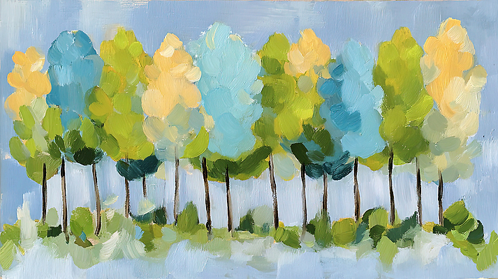 JPG 나무 예술 컬러 일러스트 자연 하늘 나뭇잎 풍경 초록색 여름 파란색 노란색 작가 그림 조화 수목 풍경화 국내일러스트 AI일러스트 AI콘텐츠 식물 직업 계절 잎 생태계 파일형식