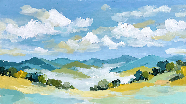 JPG 나무 컬러 일러스트 자연 하늘 풍경 초원 초록색 여름 햇빛 계곡 땅 언덕 그림 국내일러스트 AI일러스트 AI콘텐츠 식물 계절 태양 생태계 파일형식