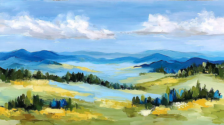 JPG 식물 예술 일러스트 자연 하늘 바람 산 풍경 초원 야외 여름 파란색 햇빛 계곡 농촌 그림 조경 유화 국내일러스트 AI일러스트 AI콘텐츠 자연요소 계절 컬러 날씨 미술 태양 시골 생태계 파일형식