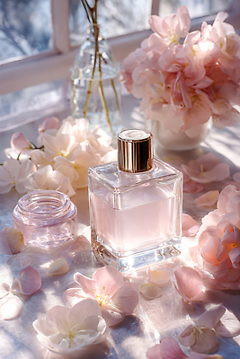 JPG 편집이미지 꽃잎 꽃 백그라운드 자연 탁자 유리병 일상 장식 햇빛 봄 향수 오브젝트 향기 부드러움 편집실사 AI컴퓨터그래픽 AI콘텐츠 식물 계절 가구 병_용기 라이프 태양 화장품 감각 CG 생태계 냄새 파일형식