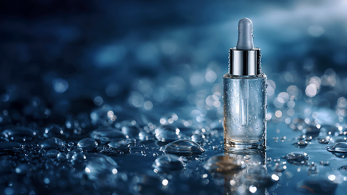 JPG 편집이미지 백그라운드 빛 반짝임 화장품 물방울 투명 액체 상품 스포이트 피부 광택 보습 세럼 수분_꽃가루 편집실사 AI컴퓨터그래픽 AI콘텐츠 모션 신체부위 뷰티 CG 피펫 파일형식