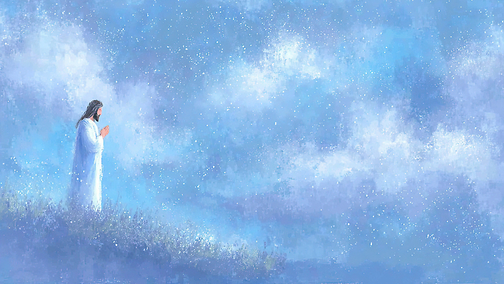 JPG 종교 생각 일러스트 자연 하늘 사람 풍경 파란색 평화 흰색 기도 예수 영혼 고독 차분 국내일러스트 AI일러스트 AI콘텐츠 감정 컬러 컨셉 신_종교 생태계 파일형식