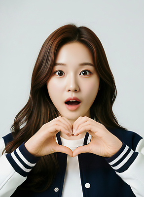 JPG 편집이미지 긴머리 손 옷 여자 감정 얼굴 대학생 포즈 실내 표정 파란색 갈색 놀람 흰색 하트 손모양 편집실사 AI인물포토 AI콘텐츠 모양 학생 헤어스타일 컬러 사람 내부 신체부위 CG 파일형식 손_신체부위 AI포토