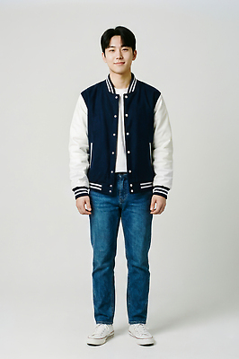 JPG 편집이미지 옷 패션 남자 대학생 백그라운드 티셔츠 청소년 미소 파란색 점퍼 흰색 청바지 스타일 편집실사 AI인물포토 AI콘텐츠 학생 컬러 셔츠 바지 표정 사람 외투 CG 파일형식 AI포토