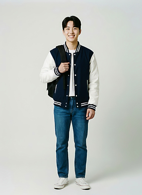 JPG 모델 편집이미지 옷 패션 남자 대학생 포즈 백그라운드 상의 가방 하의 미소 카메라 흰색 청바지 스타일 편집실사 AI인물포토 AI콘텐츠 학생 잡화 컬러 바지 표정 사람 전자제품 CG 파일형식 AI포토