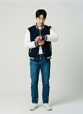 JPG 편집이미지 손 옷 패션 남자 대학생 시계 포즈 모션 청소년 파란색 촬영 재킷 흰색 청바지 확인 스타일 편집실사 AI인물포토 AI콘텐츠 학생 컬러 바지 사람 신체부위 외투 CG 파일형식 AI포토