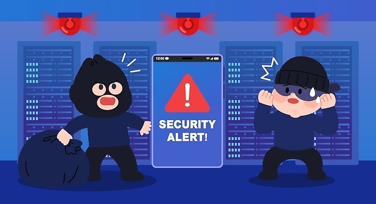 잡화 컨셉 모션 안전 사람 전자제품 정보 야간 범죄인 파일형식 벡터 유출 도둑 보안 알림 서버실 탈출 가방 두명 긴급 컴퓨터 저녁 정지 경고 해킹 위험 범죄 일러스트 국내일러스트 AI파일 정보유출 개인정보