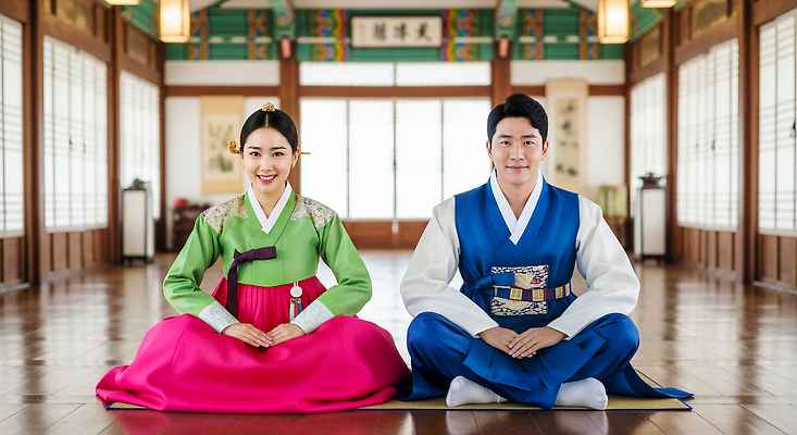 JPG 편집이미지 전통 커플 옷 여자 명절 남자 문화 한옥 한국 앉기 장식 설날 마주보기 분위기 한복 방안 편집실사 AI인물포토 AI콘텐츠 한국전통 기념일 아시아 컨셉 고건축 관계 모션 사람 전통의상 CG 파일형식 AI포토