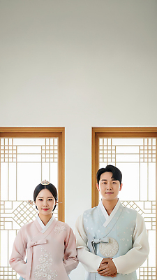 JPG 편집이미지 전통 커플 옷 여자 명절 남자 문화 컬러 결혼 무늬 창문 스튜디오 한옥 한국 설날 화장 한복 나란히 편집실사 AI인물포토 AI콘텐츠 한국전통 기념일 아시아 고건축 관계 사람 이벤트 뷰티 전통의상 CG 파일형식 AI포토
