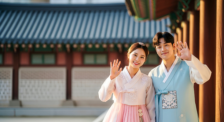 JPG 편집이미지 전통 커플 여자 명절 남자 행복 문화 백그라운드 한옥 한국 미소 건물 설날 인사 전통의상 한복 손흔들기 편집실사 AI인물포토 AI콘텐츠 한국전통 건축물 기념일 감정 아시아 고건축 관계 모션 표정 사람 예절 CG 파일형식 AI포토