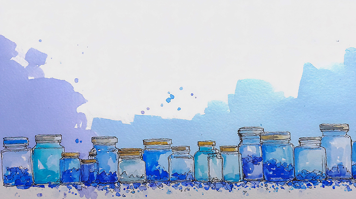 JPG 디자인 예술 컬러 백그라운드 일러스트 재료 유리병 수채화 장식 파란색 보라색 전시 투명 수집 장면 정리 수공예 나란히 물질 색감 국내일러스트 AI일러스트 AI콘텐츠 병_용기 공예 파일형식