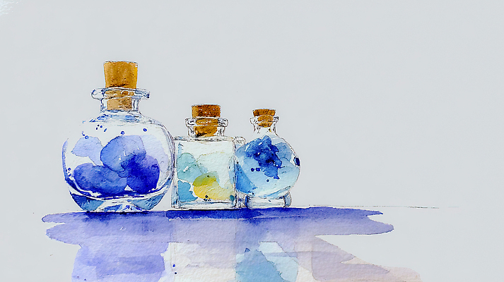 JPG 모양 디자인 예술 컬러 백그라운드 일러스트 탁자 유리병 수채화 형상 미술 장식 파란색 물감 오브젝트 그림 조화 창작 국내일러스트 AI일러스트 AI콘텐츠 가구 병_용기 문화예술 미술도구 파일형식