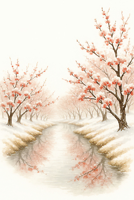 JPG 나무 계절 꽃 물결 겨울 일러스트 자연 풍경 물 강 반사 봄 흰색 나뭇가지 눈 수면 강가 매화 조용 복사꽃 국내일러스트 AI일러스트 AI콘텐츠 자연요소 식물 컬러 날씨 생태계 파일형식