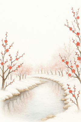 JPG 나무 계절 꽃 컬러 겨울 일러스트 자연 생명 풍경 소리 봄 흐름 안개 눈 개울 매화 이미지 조화 기온 수목 차분 국내일러스트 AI일러스트 AI콘텐츠 자연요소 식물 컨셉 날씨 강 생태계 파일형식