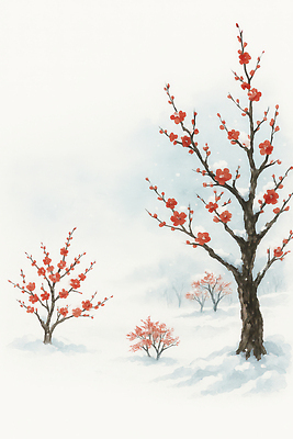 JPG 나무 식물 계절 꽃잎 꽃 겨울 일러스트 자연 회색배경 생명 풍경 빨간색 눈 매화 식물원 조경 장면 국내일러스트 AI일러스트 AI콘텐츠 자연요소 컬러 백그라운드 날씨 회색 생태계 파일형식