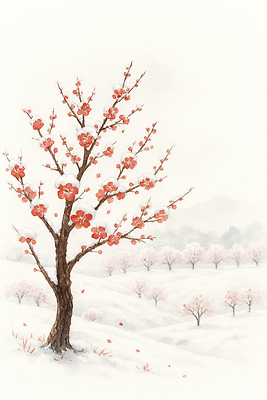 JPG 나무 식물 꽃 겨울 일러스트 자연 하늘 생명 산 풍경 빨간색 고요 나뭇가지 눈 과일나무 매화 조경 꽃길 목가 국내일러스트 AI일러스트 AI콘텐츠 자연요소 계절 길 컬러 날씨 생태계 파일형식