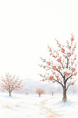 JPG 나무 꽃 겨울 일러스트 자연 하늘 날씨 산 눈꽃 꽃나무 풍경 초원 고요 농촌 눈 매화 조경 풍경화 국내일러스트 AI일러스트 AI콘텐츠 자연요소 식물 계절 눈_날씨 시골 그림 생태계 파일형식