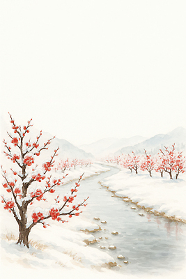 JPG 나무 계절 꽃 겨울 일러스트 자연 하늘 산 풍경 물 강 눈 매화 서리 수로 지형 복사꽃 겨울풍경 국내일러스트 AI일러스트 AI콘텐츠 자연요소 식물 날씨 생태계 파일형식