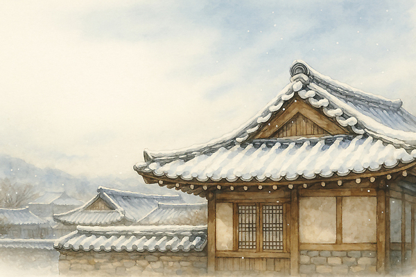JPG 전통 건축 문화 예술 겨울 일러스트 자연 하늘 아침 날씨 수채화 한옥 주택 한국 따뜻함 풍경 마을 고요 눈 민속 한옥마을 전경 국내일러스트 AI일러스트 AI콘텐츠 주간 자연요소 한국전통 계절 아시아 고건축 건물 생태계 파일형식 탑뷰