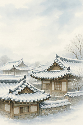 JPG 나무 전통 건축물 겨울 일러스트 자연 지붕 날씨 한옥 주택 한국 풍경 흰색 눈 한옥마을 눈사태 단독주택 국내일러스트 AI일러스트 AI콘텐츠 자연요소 식물 한국전통 계절 건축 아시아 컬러 고건축 건물 마을 생태계 파일형식