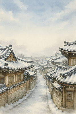 JPG 문화 길 예술 겨울 일러스트 하늘 날씨 거리 한옥 한국 풍경 건물 마을 눈 역사 골목길 차가움 장면 조용 한옥마을 풍경화 국내일러스트 AI일러스트 AI콘텐츠 자연요소 한국전통 건축물 계절 아시아 고건축 그림 파일형식