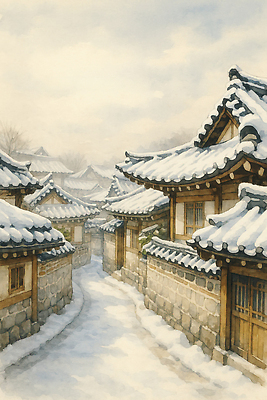 JPG 나무 전통 건축 길 겨울 일러스트 자연 지붕 한옥 한국 돌담 풍경 마을 눈 차가움 오솔길 조용 한옥마을 풍경화 흰눈 고택 국내일러스트 AI일러스트 AI콘텐츠 자연요소 식물 한국전통 건축물 계절 아시아 고건축 날씨 눈_날씨 담장 돌_바위 그림 생태계 파일형식