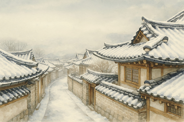 JPG 나무 전통 건축 문화 길 벽 설경 겨울 일러스트 자연 하늘 지붕 거리 한옥 주택 한국 풍경 마을 눈 조용 한옥마을 국내일러스트 AI일러스트 AI콘텐츠 자연요소 식물 한국전통 계절 아시아 고건축 날씨 건물 생태계 파일형식