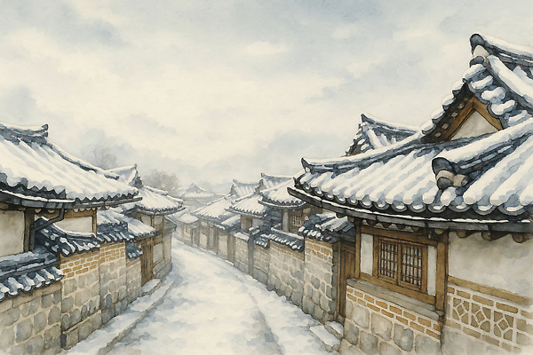 JPG 전통 문화 여행 겨울 일러스트 자연 하늘 지붕 날씨 거리 한옥 한국 풍경 건물 마을 눈 골목길 조용 한옥마을 흐림 고택 국내일러스트 AI일러스트 AI콘텐츠 자연요소 한국전통 건축물 계절 아시아 길 고건축 생태계 파일형식