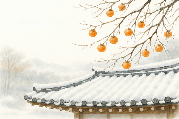 JPG 나무 전통 계절 겨울 과일 일러스트 자연 지붕 귤 한옥 한국 실내 풍경 야외 정원 수확 눈 차가움 오른쪽 왼쪽 한옥마을 국내일러스트 AI일러스트 AI콘텐츠 자연요소 식물 한국전통 아시아 고건축 농업 날씨 내부 마을 방향 생태계 파일형식