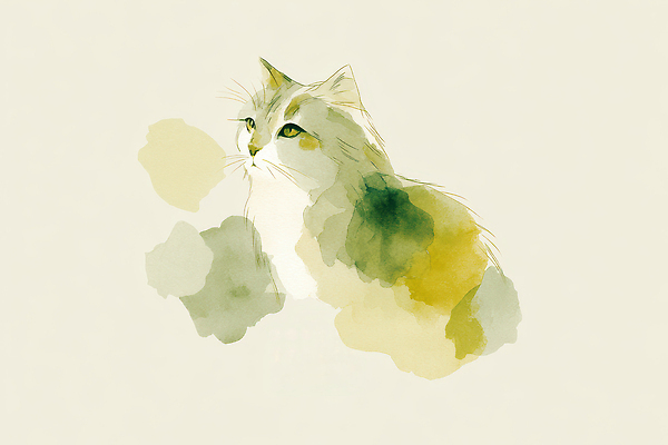JPG 동물 감정 예술 컬러 백그라운드 일러스트 자연 수채화 초록색 노란색 고양이 표현 점 그리기 그림 부드러움 색감 창작 국내일러스트 AI일러스트 AI콘텐츠 포유류 모션 반려동물 감각 생태계 파일형식