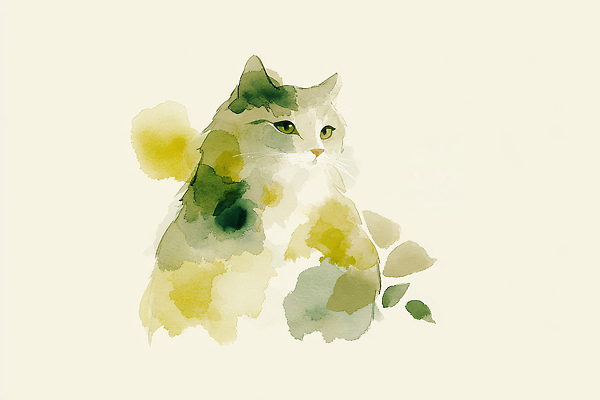 JPG 식물 동물 예술 백그라운드 잎 일러스트 자연 수채화 초록색 노란색 고양이 표현 오브젝트 그림 조화 국내일러스트 AI일러스트 AI콘텐츠 컬러 포유류 반려동물 생태계 파일형식