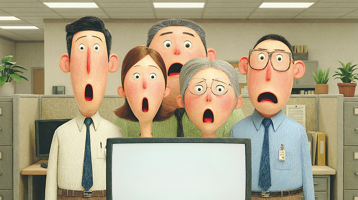 JPG 감정 일러스트 커뮤니케이션 협력 직장 표정 이야기 여러명 일상 사무실 스크린 놀람 모임 관찰 사건 집중 직원 신기함 관심 반응 이슈 국내일러스트 AI일러스트 AI콘텐츠 다수 컨셉 회사 비즈니스 모션 사람 라이프 파일형식