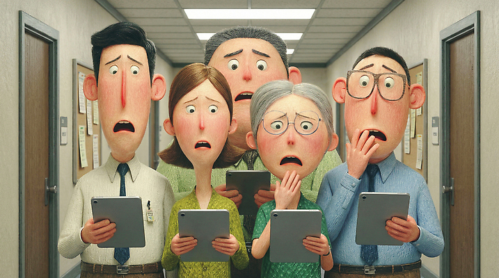 JPG 감정 일러스트 커뮤니케이션 협력 기술 표정 이야기 여러명 일상 태블릿 사무실 놀람 그룹 복도 집중 긴장 소통 반응 이슈 인간관계 국내일러스트 AI일러스트 AI콘텐츠 다수 컨셉 비즈니스 관계 사람 라이프 전자제품 스마트기기 파일형식