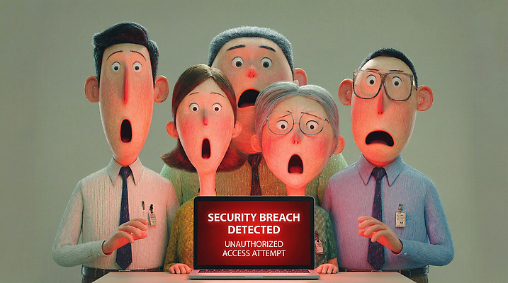 JPG 일러스트 함께함 기술 표정 경고 여러명 노트북 컴퓨터 사무실 스크린 놀람 작업 그룹 메시지 동료 보안 위반 경고문 반응 시도 이슈 접근 국내일러스트 AI일러스트 AI콘텐츠 감정 다수 컨셉 비즈니스 관계 안전 사람 전자제품 파일형식