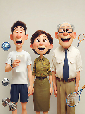 JPG 여자 노년 남자 행복 감정 일러스트 가족 모션 함께함 실내 웃음 친구 운동복 운동 헬스장 배드민턴 영수증 연말정산 13월 국내일러스트 AI일러스트 AI콘텐츠 옷 컨셉 관계 표정 건강 사람 성인 내부 금융 경제 구기 헬스 날짜 파일형식