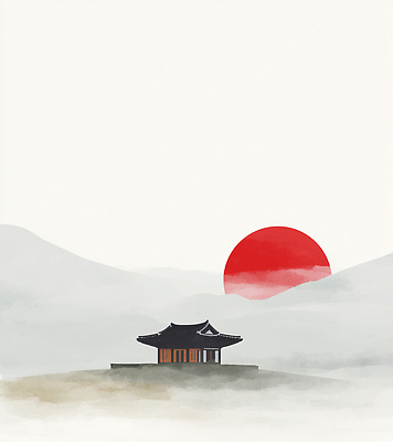 JPG 건축 문화 예술 여행 일러스트 자연 하늘 아침 근하신년 새해 산 주택 한국 풍경 일출 고요 일몰 저녁 그림 조용 산속 국내일러스트 AI일러스트 AI콘텐츠 주간 아시아 건물 노을 야간 생태계 파일형식