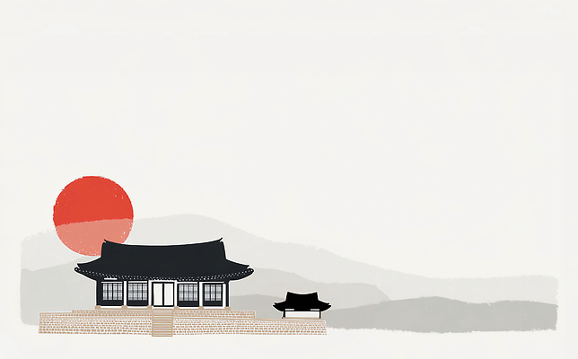 JPG 전통 디자인 백그라운드 일러스트 자연 하늘 근하신년 새해 산 한옥 한국 풍경 건물 일출 고요 일몰 공간 구출 저녁 그림 국내일러스트 AI일러스트 AI콘텐츠 한국전통 건축물 아시아 고건축 노을 도움 야간 생태계 파일형식